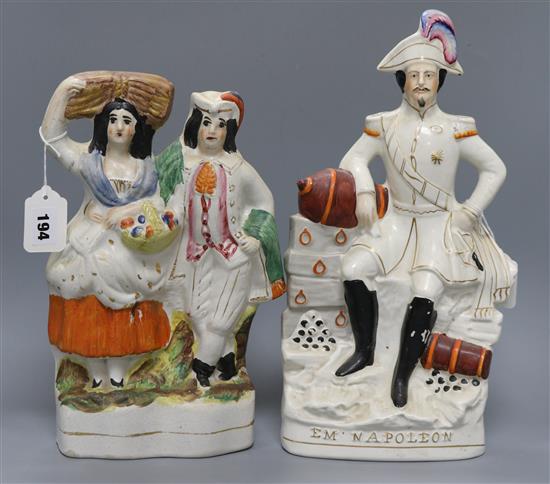 A 19th century Staffordshire flatback figure of Napoleon and another of Harvesters (2) tallest 39cm